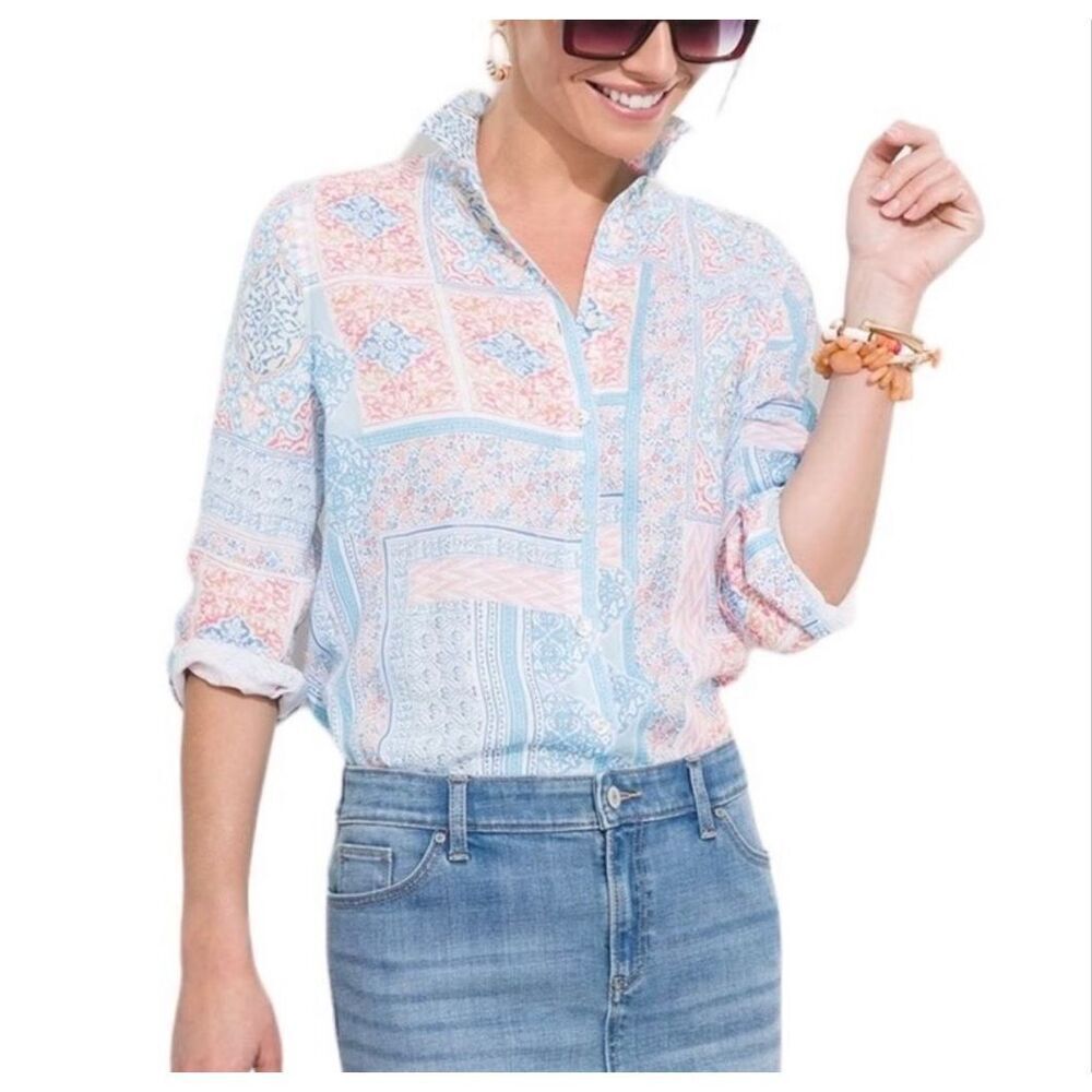 Chico’s Blouse Top Coastal Tile Boho Linen No Iron blue white size 4‎
